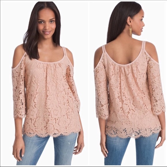 White House Black Market Tops - WHBM Lace Cold Shoulder Blush Blouse S EUC